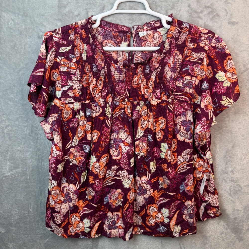 Old Navy Womens XXL Floral Smocked Top Boho Cottagecore Flutter Sleeve Burgundy‎